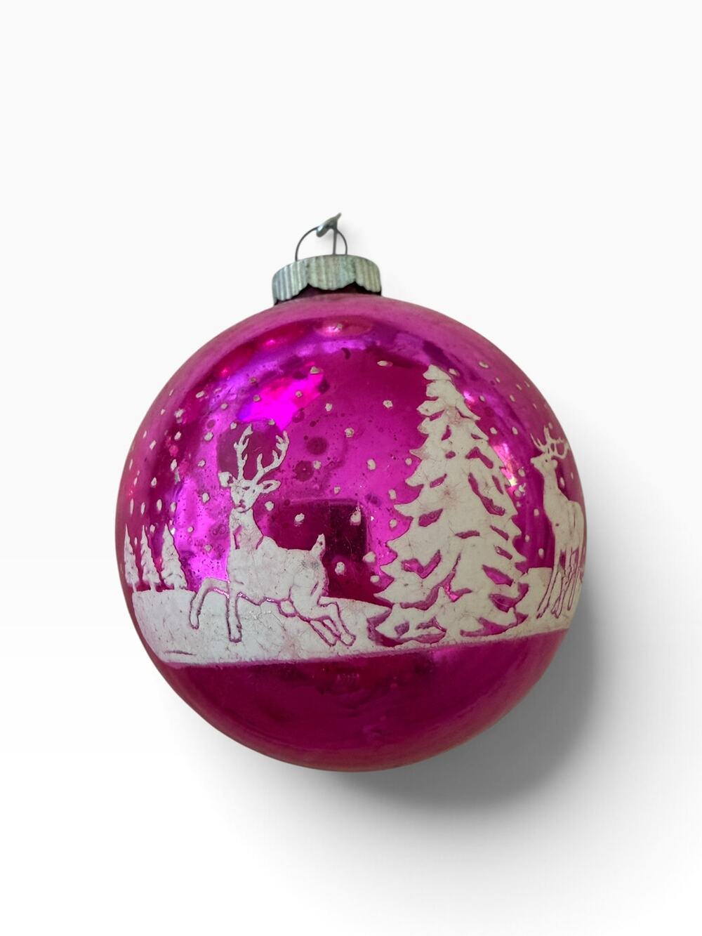 Vtg 1950s Pink Shiny Brite Glass Ornament with Stenciled Deer, Stamped USA Cap